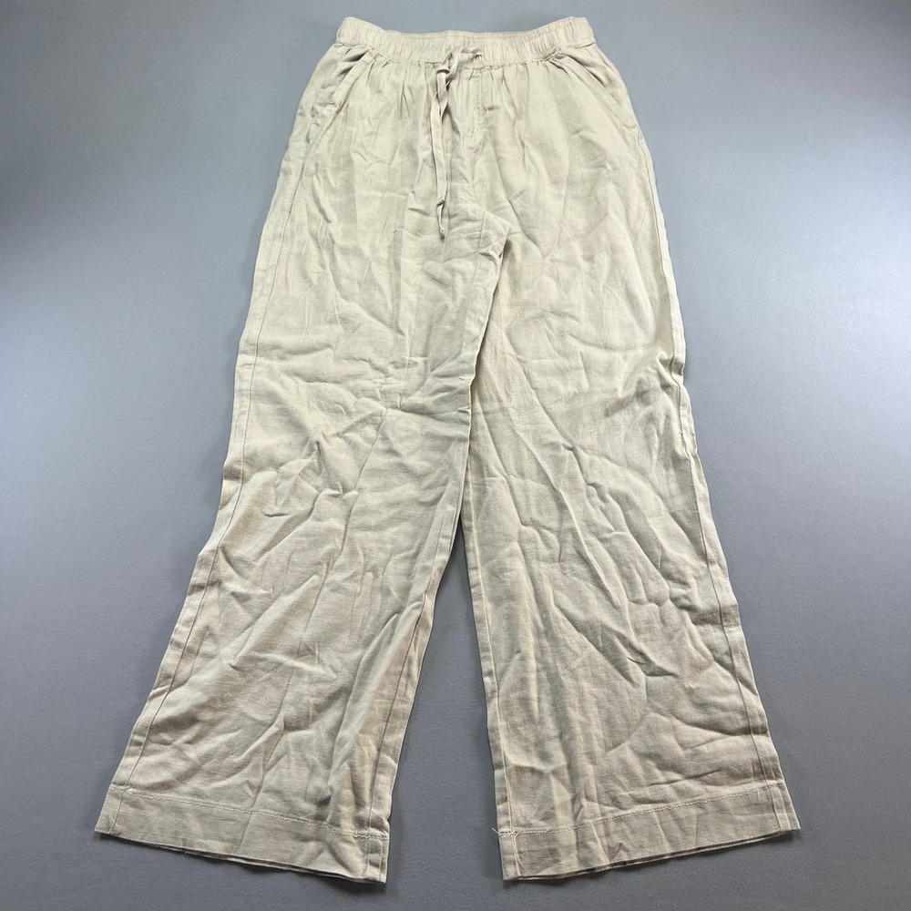 Briggs Pull On Pants Women Medium Beige Pleated High Rise Elastic Waist Wide Leg